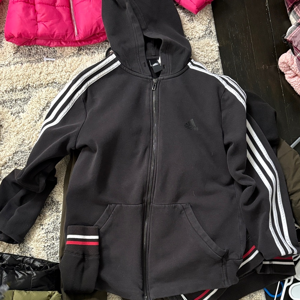 Adidas Womens Black and White Striped Hoodie